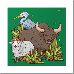 Sheep Bison Bird Hand Drawn Posters and Art